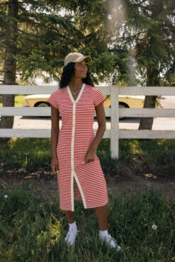 Red and White Striped V-Neck Slim Fit Summer Dress -ROOLEE FASHION SHOP 7W4A6139