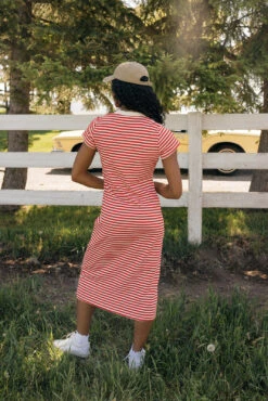 Red and White Striped V-Neck Slim Fit Summer Dress -ROOLEE FASHION SHOP 7W4A6144 d8e11ff9 d214 4ceb ae0d 8a60d125ab3f