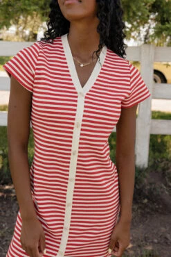 Red and White Striped V-Neck Slim Fit Summer Dress -ROOLEE FASHION SHOP 7W4A6149