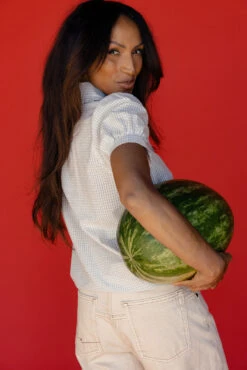 Blue Gingham Blouse with Ruffle Peter Pan Collar -ROOLEE FASHION SHOP 7W4A6161