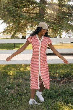 Red and White Striped V-Neck Slim Fit Summer Dress