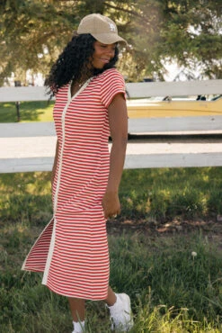 Red and White Striped V-Neck Slim Fit Summer Dress -ROOLEE FASHION SHOP 7W4A6196