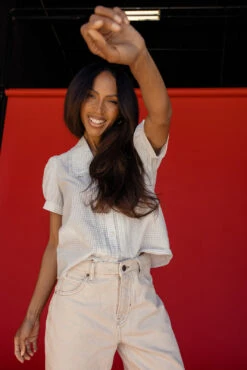 Blue Gingham Blouse with Ruffle Peter Pan Collar -ROOLEE FASHION SHOP 7W4A6199