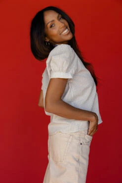 Blue Gingham Blouse with Ruffle Peter Pan Collar -ROOLEE FASHION SHOP 7W4A6229