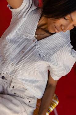 Blue Gingham Blouse with Ruffle Peter Pan Collar