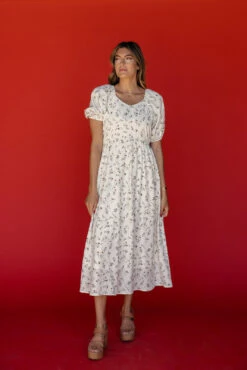 Floral Puff Sleeve Midi Dress with Pockets in Cream -ROOLEE FASHION SHOP 7W4A6301