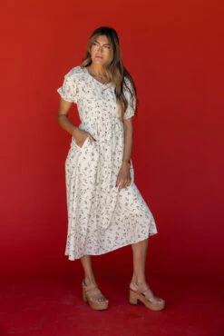 Floral Puff Sleeve Midi Dress with Pockets in Cream -ROOLEE FASHION SHOP 7W4A6321 b013e294 9a6f 449e ac06 a9201af53e03