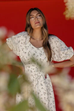 Floral Puff Sleeve Midi Dress with Pockets in Cream -ROOLEE FASHION SHOP 7W4A6323