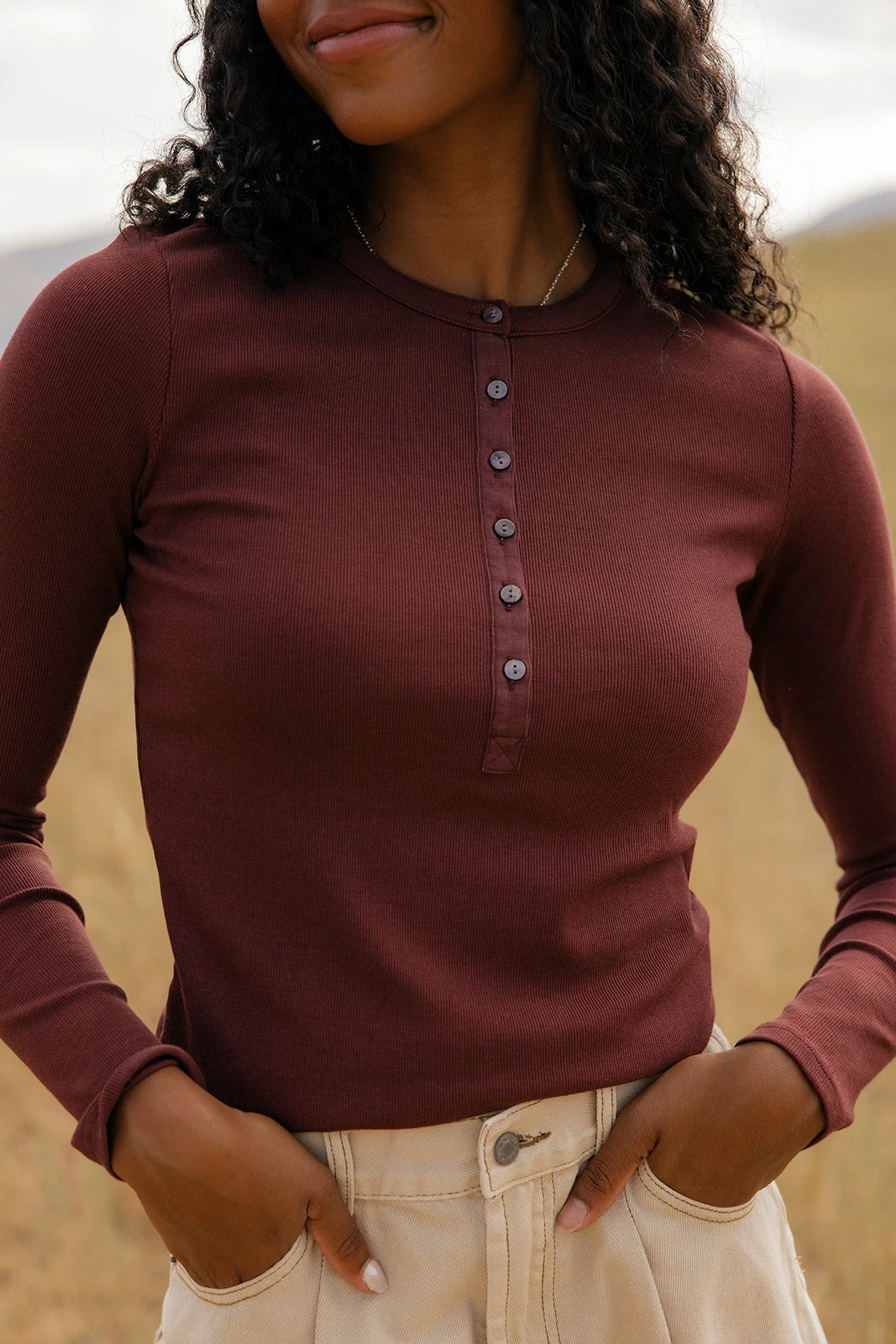 Women's Ribbed Long Sleeve Henley Tee in Spiced Chai 3 Women's Ribbed Long Sleeve Henley Tee in Spiced Chai