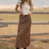 Leopard Print Maxi Skirt - Flowy Drawstring Waist Silky Long Skirt