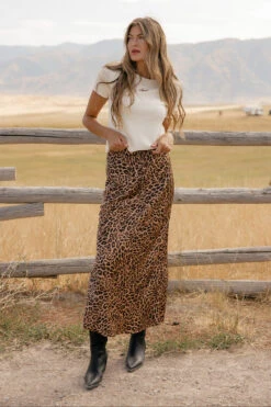 Leopard Print Maxi Skirt - Flowy Drawstring Waist Silky Long Skirt