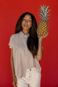 Randy Brown Gingham Relaxed Fit Button Down Blouse