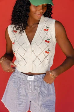 Cherry Print Button-Up Knit Sweater Vest