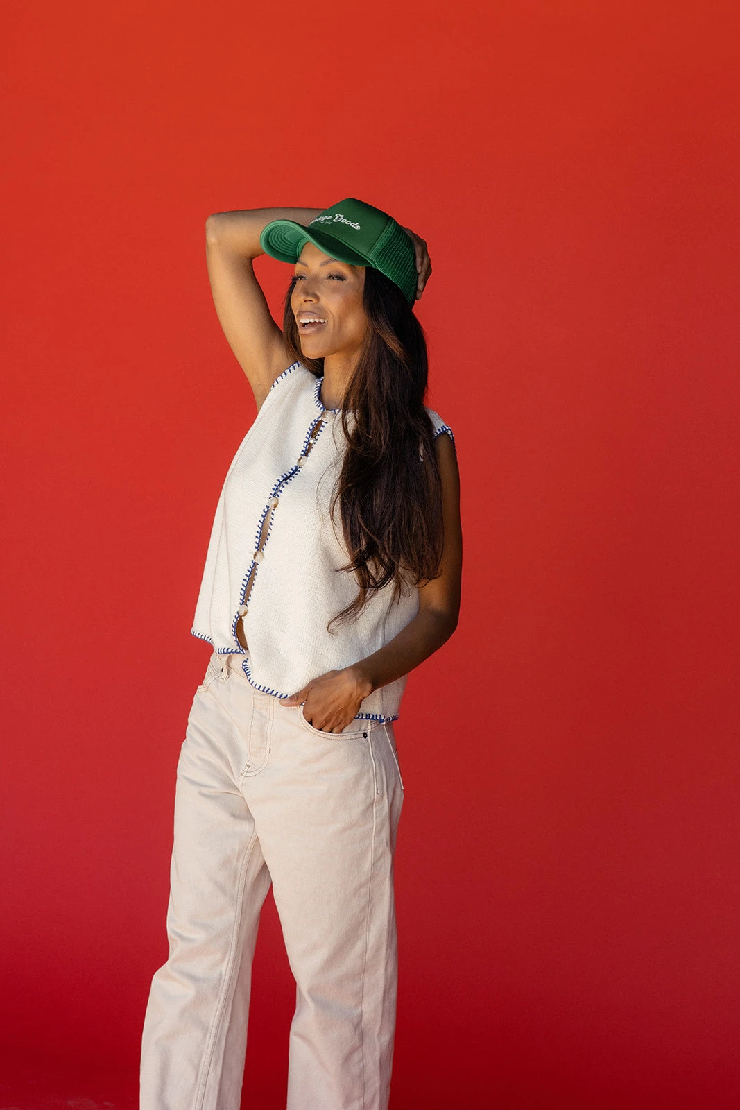 Women's Button Down Vest with Contrast Blue Stitching 9 Women's Button Down Vest with Contrast Blue Stitching - Image 7