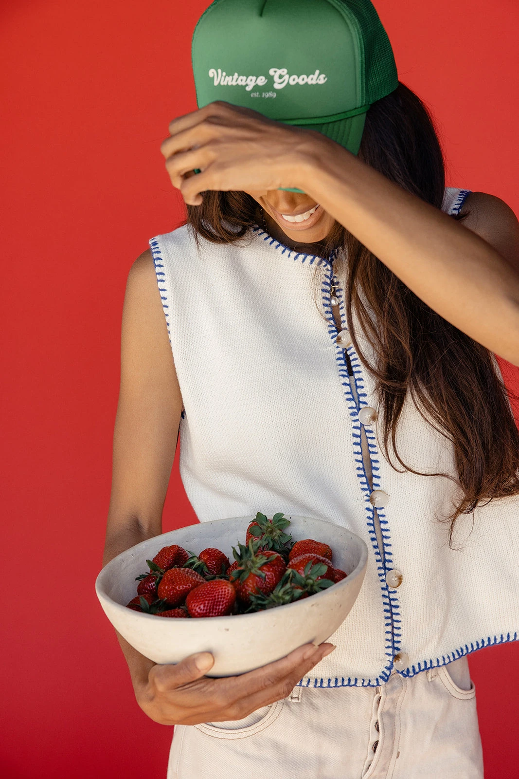 Women's Button Down Vest with Contrast Blue Stitching 3 Women's Button Down Vest with Contrast Blue Stitching