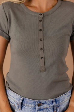 Ribbed Knit Button-Down Tee - Women's Stretchy Short Sleeve Top 21 Ribbed Knit Button-Down Tee - Women's Stretchy Short Sleeve Top -ROOLEE FASHION SHOP 7W4A6957