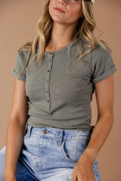 Ribbed Knit Button-Down Tee - Women's Stretchy Short Sleeve Top 23 Ribbed Knit Button-Down Tee - Women's Stretchy Short Sleeve Top -ROOLEE FASHION SHOP 7W4A6968