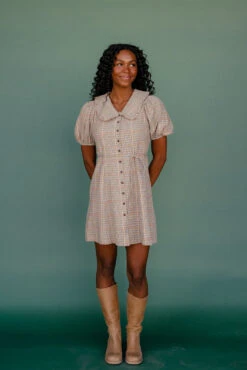 Plaid Peter Pan Collar Mini Dress with Puff Sleeves and Tie Waist -ROOLEE FASHION SHOP 7W4A7910