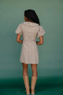 Plaid Peter Pan Collar Mini Dress with Puff Sleeves and Tie Waist -ROOLEE FASHION SHOP 7W4A7912