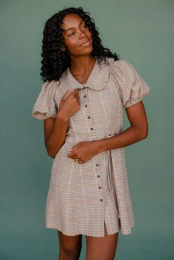 Plaid Peter Pan Collar Mini Dress with Puff Sleeves and Tie Waist -ROOLEE FASHION SHOP 7W4A7917