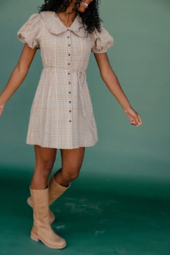 Plaid Peter Pan Collar Mini Dress with Puff Sleeves and Tie Waist
