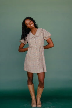 Plaid Peter Pan Collar Mini Dress with Puff Sleeves and Tie Waist -ROOLEE FASHION SHOP 7W4A7942