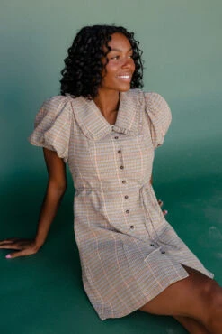 Plaid Peter Pan Collar Mini Dress with Puff Sleeves and Tie Waist -ROOLEE FASHION SHOP 7W4A7952