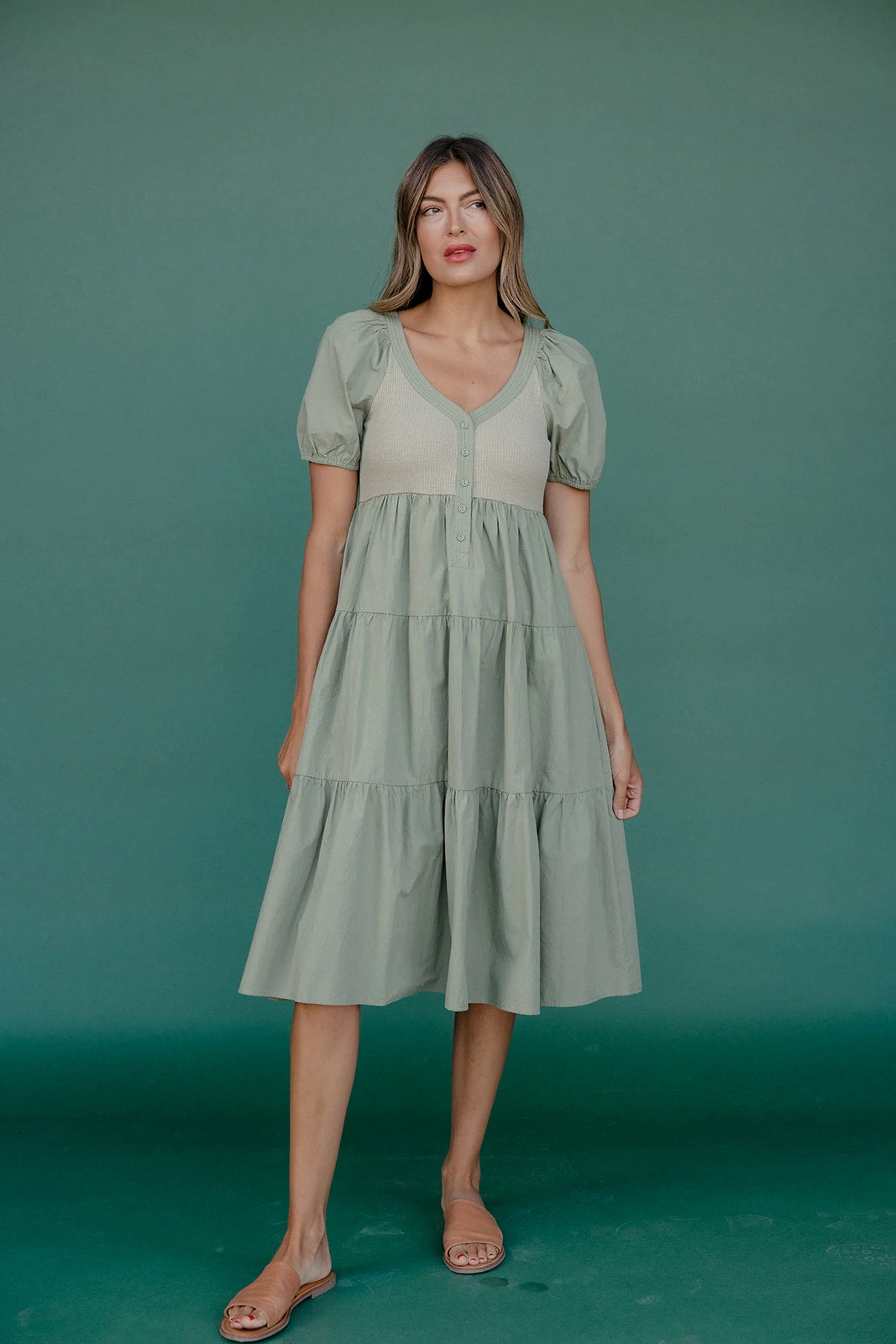 Sage Green Puff Sleeve Dress - Ribbed Knit Tiered Midi with Pockets 5 Sage Green Puff Sleeve Dress - Ribbed Knit Tiered Midi with Pockets - Image 3