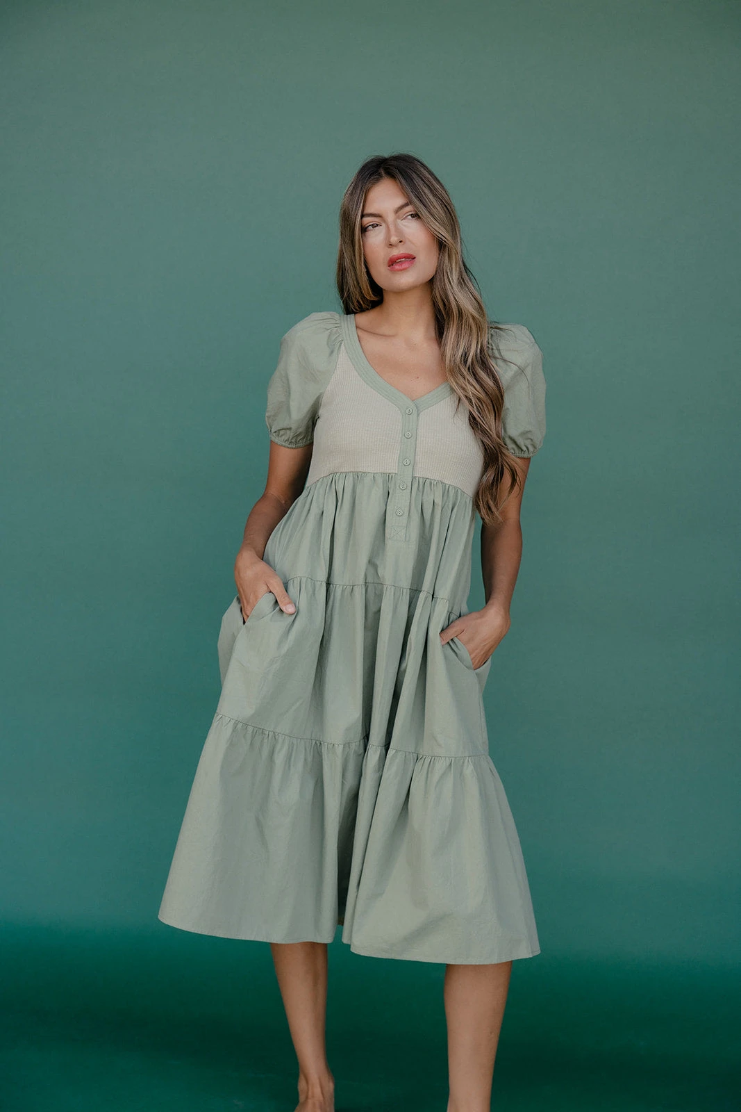 Sage Green Puff Sleeve Dress - Ribbed Knit Tiered Midi with Pockets 7 Sage Green Puff Sleeve Dress - Ribbed Knit Tiered Midi with Pockets - Image 5
