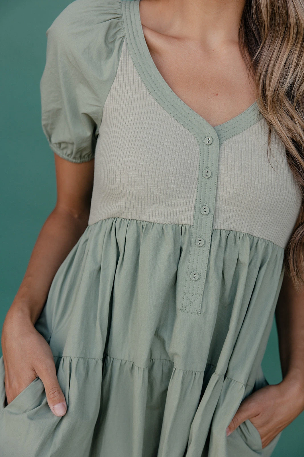 Sage Green Puff Sleeve Dress - Ribbed Knit Tiered Midi with Pockets 4 Sage Green Puff Sleeve Dress - Ribbed Knit Tiered Midi with Pockets - Image 2