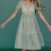 Sage Green Puff Sleeve Dress - Ribbed Knit Tiered Midi with Pockets