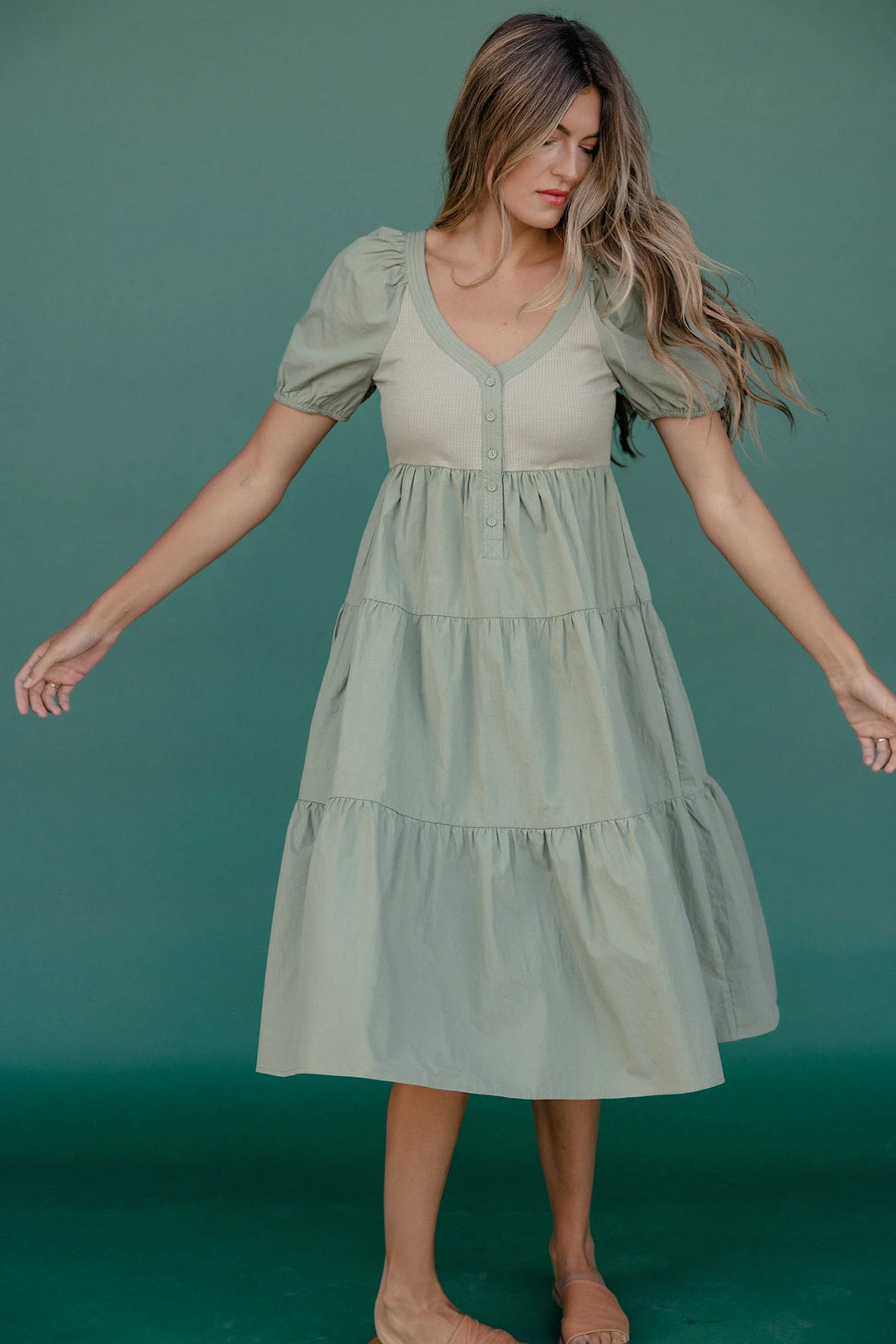 Sage Green Puff Sleeve Dress - Ribbed Knit Tiered Midi with Pockets 3 Sage Green Puff Sleeve Dress - Ribbed Knit Tiered Midi with Pockets