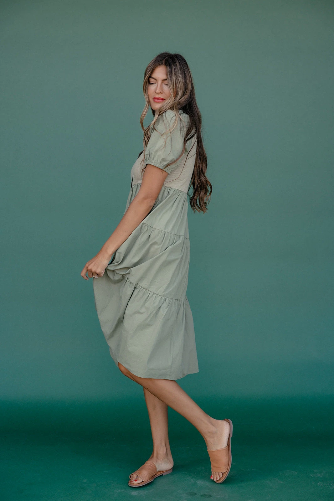Sage Green Puff Sleeve Dress - Ribbed Knit Tiered Midi with Pockets 9 Sage Green Puff Sleeve Dress - Ribbed Knit Tiered Midi with Pockets - Image 7