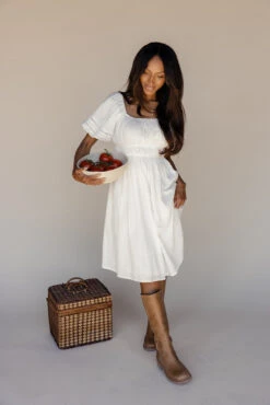 White Smocked Midi Dress with Flutter Sleeves and Lace Trim -ROOLEE FASHION SHOP 7W4A8371 8e730c6b 7dec 4b3f 8073 ddadeac4cb90