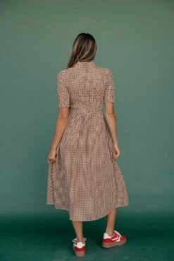 Brown Gingham Smocked Midi Dress with Collar and Pockets -ROOLEE FASHION SHOP 7W4A8394 4aaa8cf9 45be 4e2c 9d9d 54a64778a97f