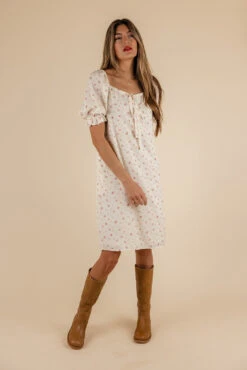 Ever After Floral Tie Dress - Romantic Puff Sleeve Style with Pockets -ROOLEE FASHION SHOP 7W4A8404 websize