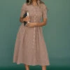Brown Gingham Smocked Midi Dress with Collar and Pockets 1 Brown Gingham Smocked Midi Dress with Collar and Pockets -ROOLEE FASHION SHOP 7W4A8412