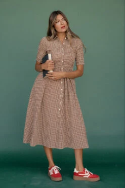 Brown Gingham Smocked Midi Dress with Collar and Pockets