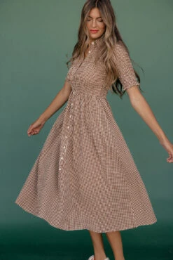 Brown Gingham Smocked Midi Dress with Collar and Pockets -ROOLEE FASHION SHOP 7W4A8430 7174db3a 7e8e 4cce 83d5 47a32190059b