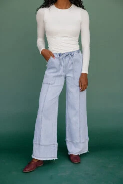 Wide Leg Denim Pants with Tie Waist and Patch Pockets -ROOLEE FASHION SHOP 7W4A8440
