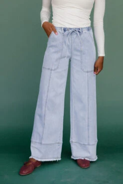Wide Leg Denim Pants with Tie Waist and Patch Pockets