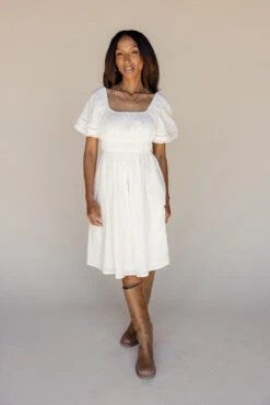 White Smocked Midi Dress with Flutter Sleeves and Lace Trim -ROOLEE FASHION SHOP 7W4A8494 ce7be397 b66d 48e6 8da8 da35355aa47e