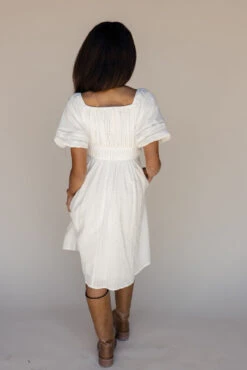 White Smocked Midi Dress with Flutter Sleeves and Lace Trim -ROOLEE FASHION SHOP 7W4A8502