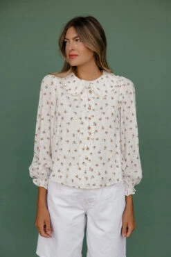 Floral Long Sleeve Blouse - Elegant Botanical Print Button Down Top -ROOLEE FASHION SHOP 7W4A8503