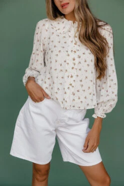 Floral Long Sleeve Blouse - Elegant Botanical Print Button Down Top