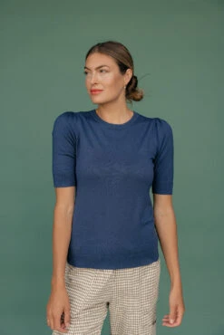 Be Cool Roll Call Puff Sleeve Blouse - Navy Knit Top -ROOLEE FASHION SHOP 7W4A8707 944be790 2a66 4b03 b040 e7df3eb5958e