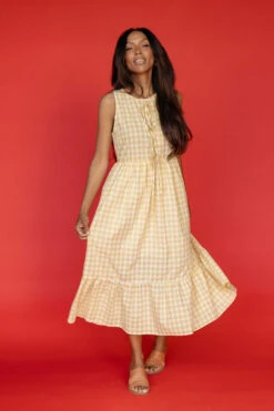 Yellow Gingham Midi Dress with Pockets and Elastic Waist