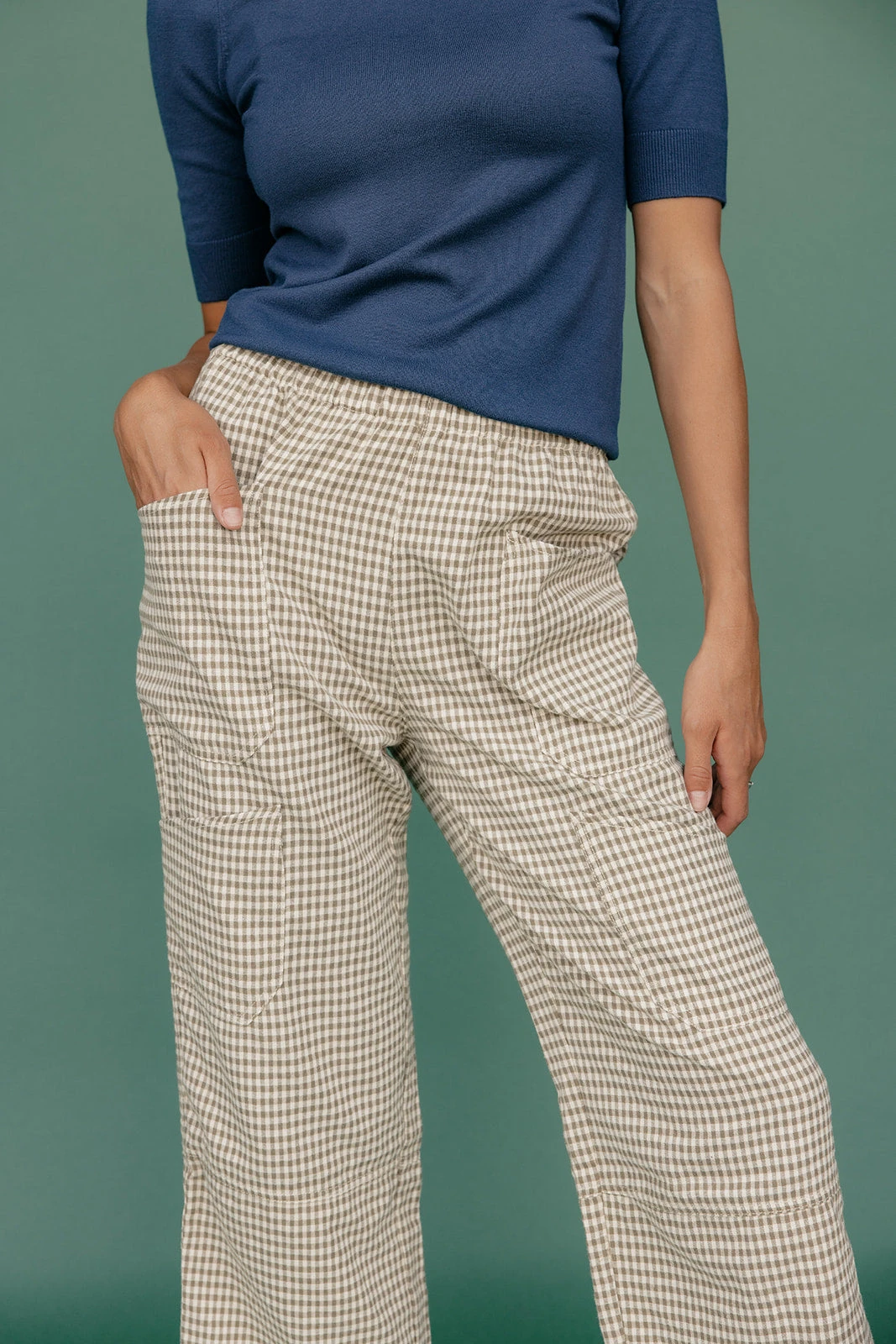 Green Gingham Wide Leg Pants with Patch Pockets 4 Green Gingham Wide Leg Pants with Patch Pockets - Image 2