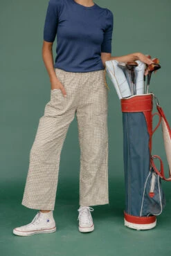 Green Gingham Wide Leg Pants with Patch Pockets