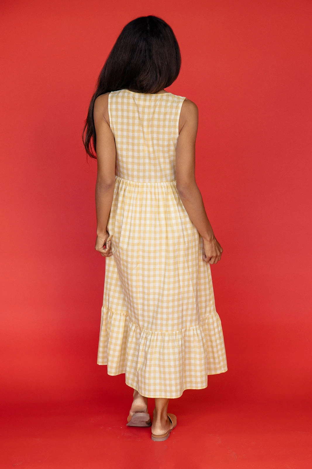 Yellow Gingham Midi Dress with Pockets and Elastic Waist 7 Yellow Gingham Midi Dress with Pockets and Elastic Waist - Image 5